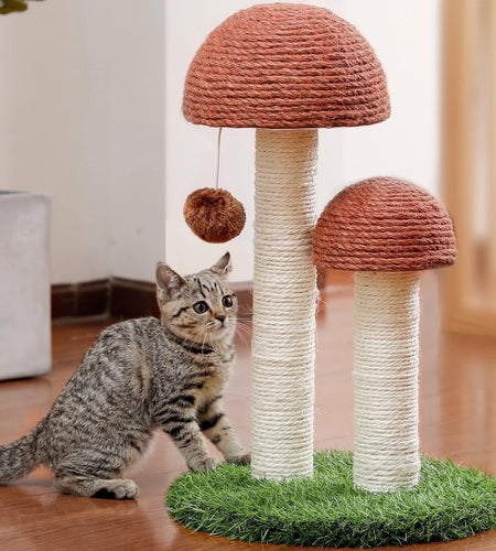 2 Mushrooms Cat Scratching Post 19" Sisal Claw Scratcher for Kittens and Small Cats, Brown